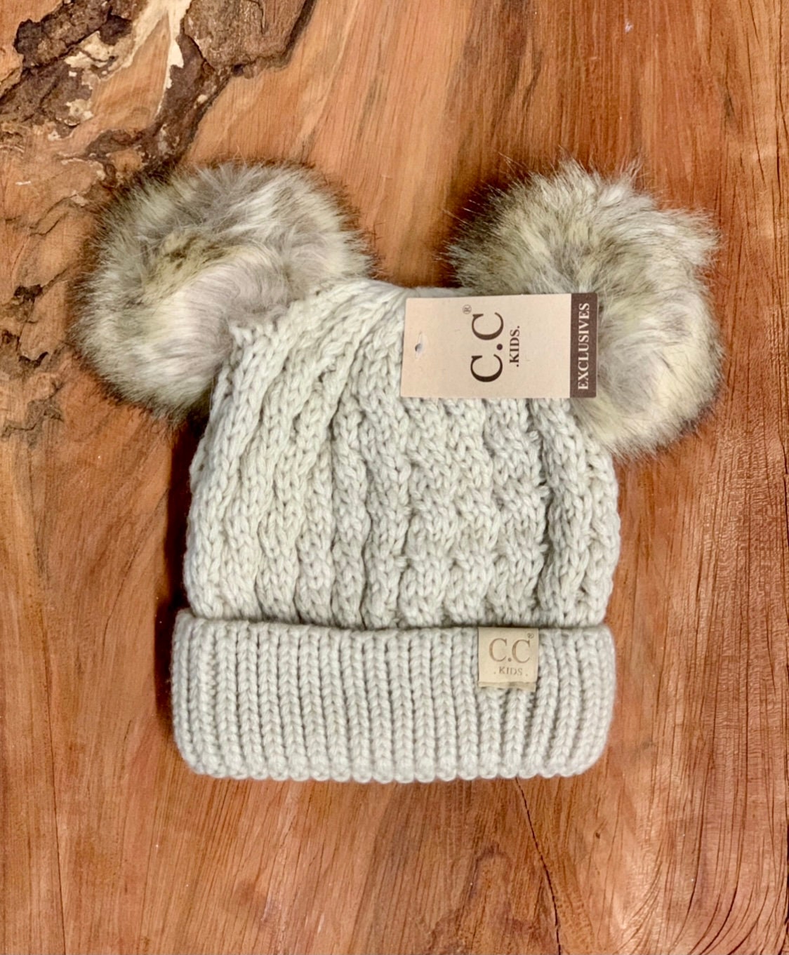 CC Double Pom Pom Beige Kids Beanie - Personalized Baby Beanies - Baby Beanies with Names - Personalized Beige CC Double Pom Pom Beanie