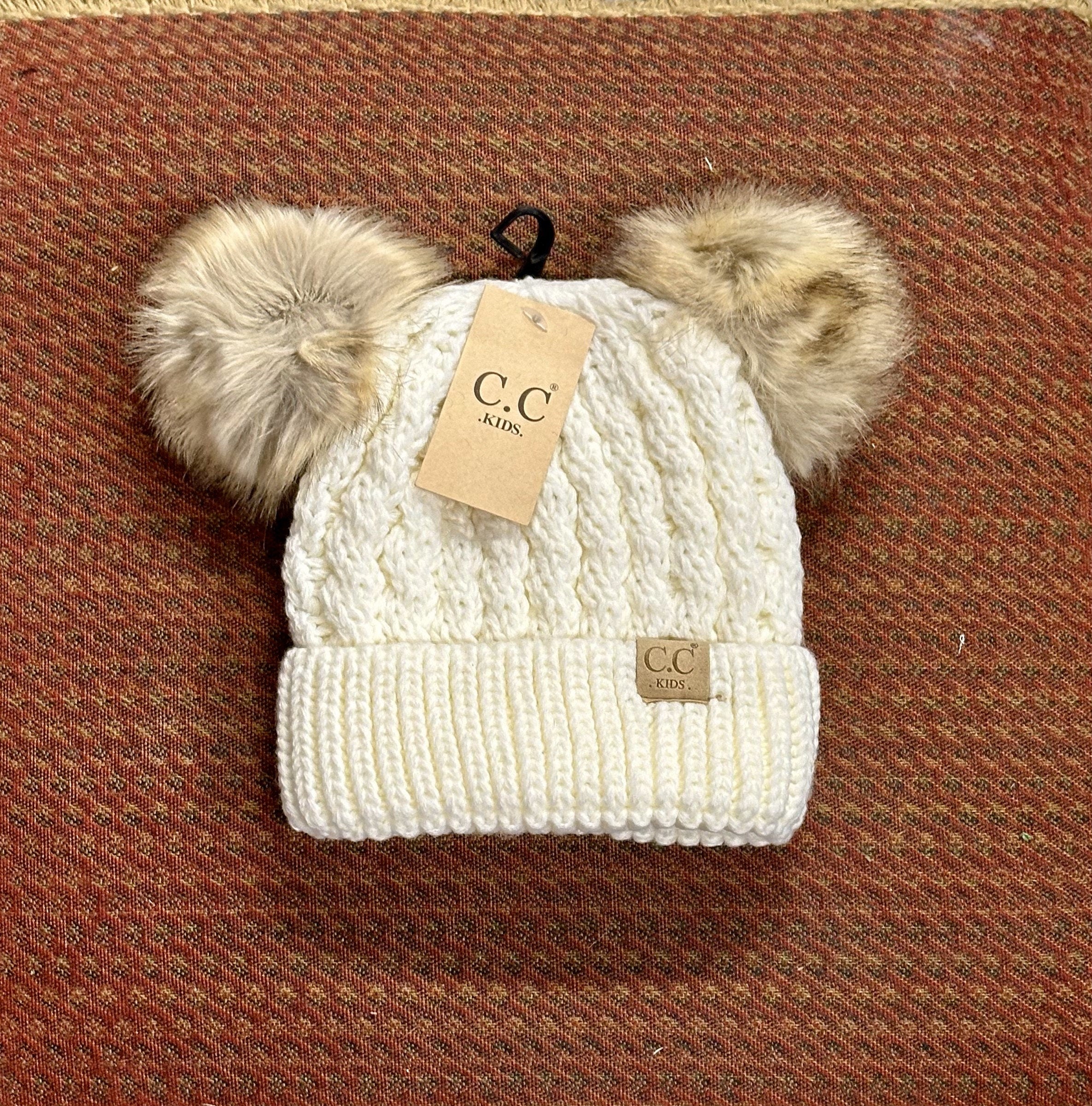 CC Double Pom Pom Beige Kids Beanie - Personalized Baby Beanies - Baby Beanies with Names - Personalized Beige CC Double Pom Pom Beanie